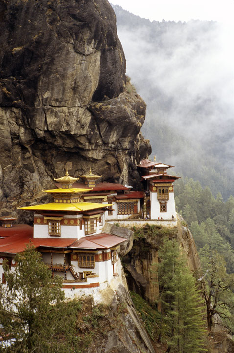 b_579l taktsang.jpg - Bhoutan - vallée de Punakha, Lobeysa Le dzong, en grande partie reconstruit après l'incendie de 1998. A l'époque les toits étaient faits de matériaux traditionnels (bois et pierres)